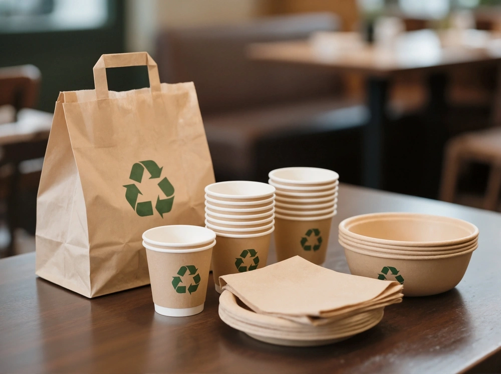 Compostable cups, bowls and bags used in cafes.
