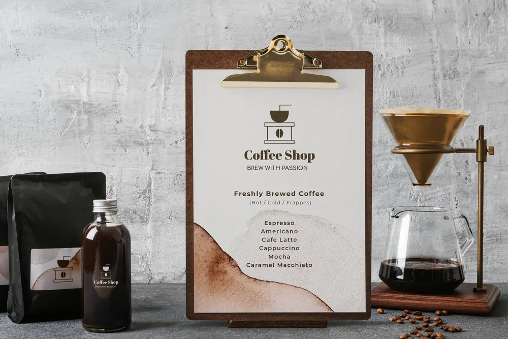 Cafe menu displayed on a clipboard in a modern coffee shop